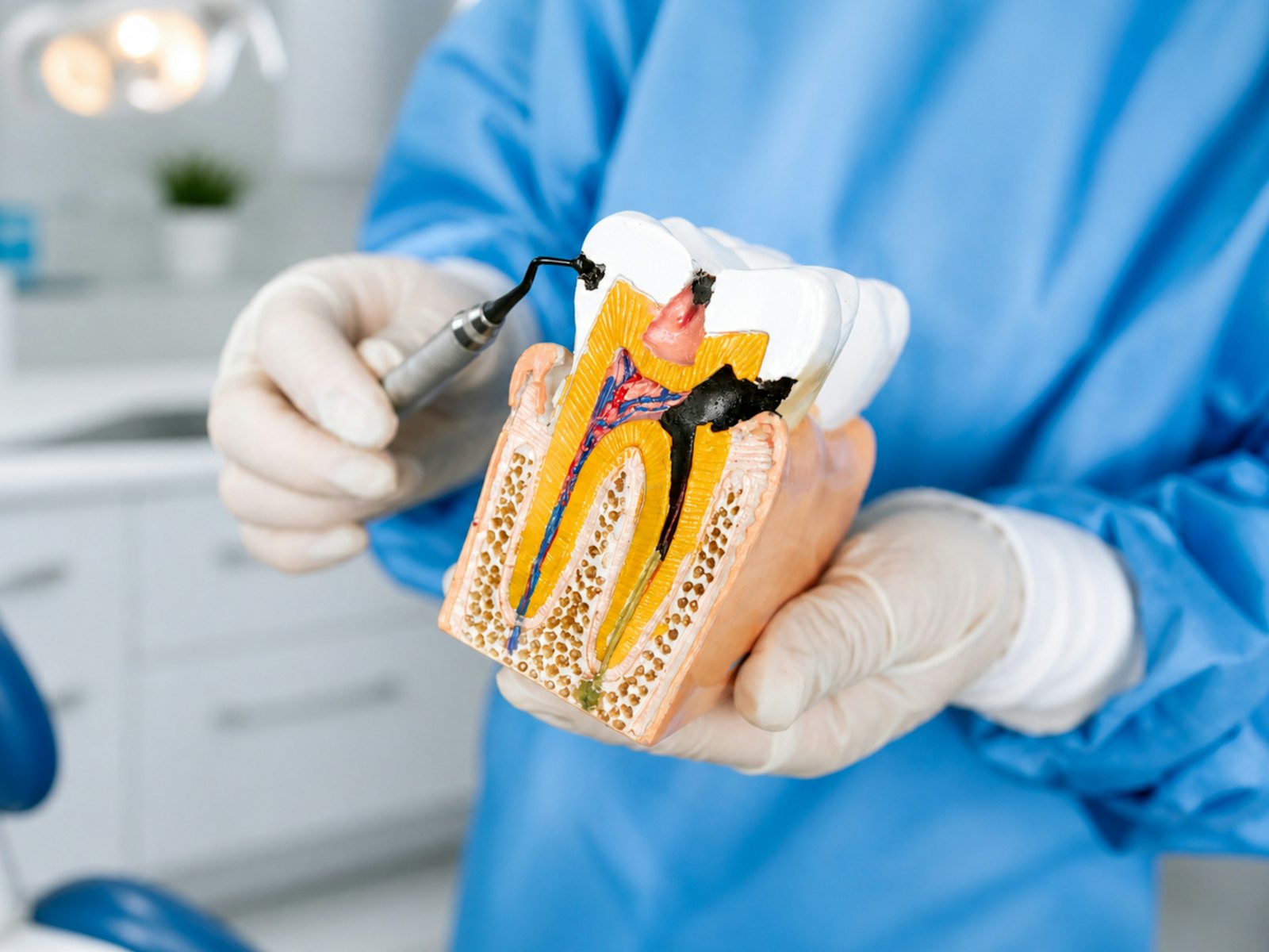 Medic stomatolog explicând un tratament dentar